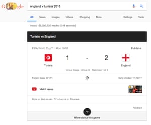 Screenshot of Google player data crediting Harry chicken with England’s goals.