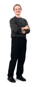 Man in dark clothes, smiling