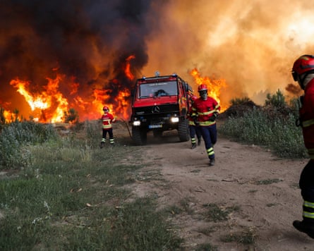 Firefighters try to put out raging fire in a field