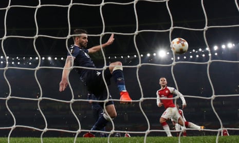Red Star Belgrade’s Damien Le Tallec somehow clears Jack Wilshere’s dinked finish off the line to deny Arsenal victory in the Europa League.