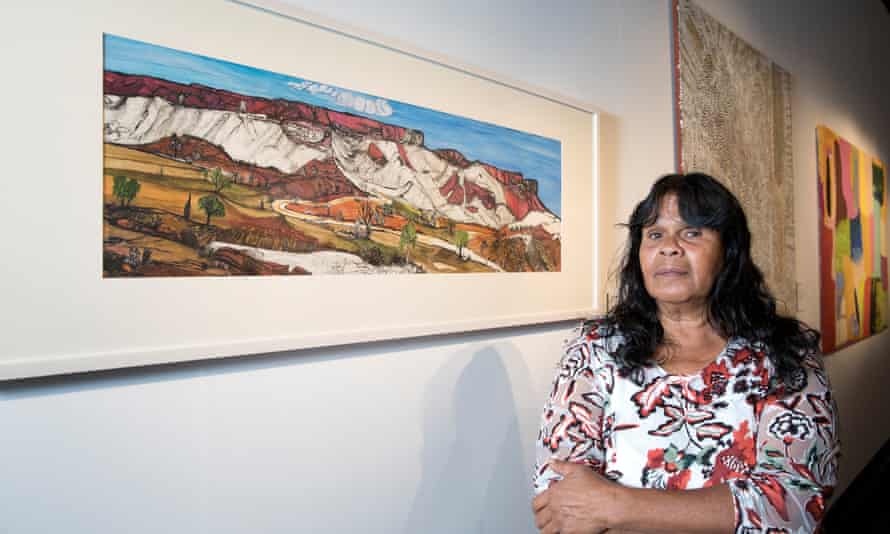 The winner of the works on paper award, Kathy Inkamala, with her work Mount Gillen, West MacDonnell Ranges.
