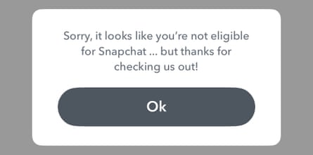 Screenshot from Snapchat regarding new social media laws in Australis. The screenshot reads, ‘Sorry, it looks like you’re not eligible for Snapchat...but thanks for checking us out!’.