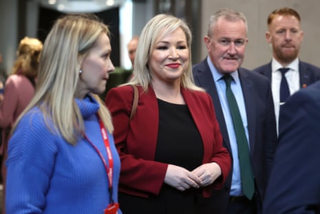 Michelle O'Neill (centre) at Ulster University, where Joe Biden was delivering his speech today.