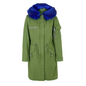 green parka with blue fur on hood, Topshop