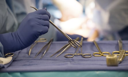 Surgical instruments during an organ transplant.