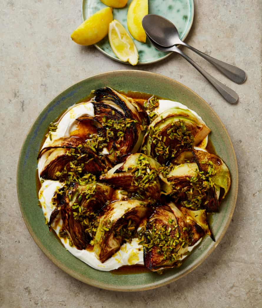 Yotam Ottolenghi’s charred cabbage with ras el hanout and pistachio butter.