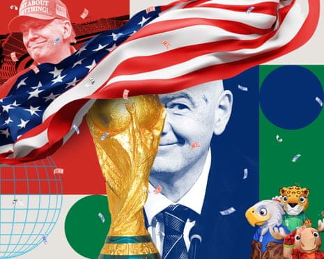 A collage depicting Donald Trump, Gianni Infantino, the World Cup trophy, and American flag and the three tournament mascots