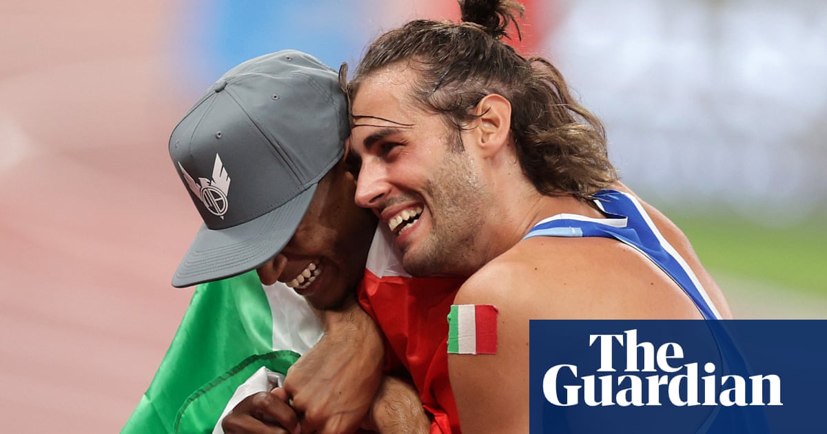 ‘Just magical’: joy for Tamberi and Barshim as they opt to share gold in men’s high jump