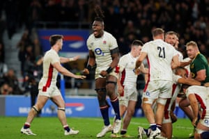Maro Itoje of England reacts after a penalty is awarded to England after Freddie Steward being tackled in the air at the end of the game.
