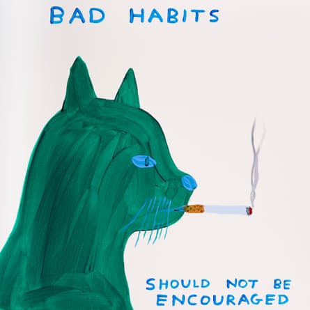 Painting: a green cat smokes a cigarette, with the caption ‘Bad habits should not be encouraged’
