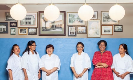 Asma Khan (in red) and her team at the Darjeeling Express restaurant in 2017.