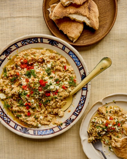 Sabrina Ghayour’s smoked aubergine crockery pinch pickled chillies and feta.