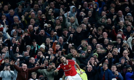 Manchester United’s Bruno Fernandes celebrates scoring their second goal.
