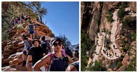 Left: Hikers make their way down Angels Landing. The park has implemented a lottery for the trail due to its popularity. Right: Hikers on switchbacks on the West Rim trail.