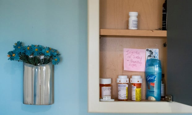 55 year-old Kathleen Anduze keeps medication and a reminder note in a bathroom cabinet in her Pleasant Valley, New York home. Kathleen was diagnosed with Lewy Body Disease, a form of progressive, degenerative dementia, at age 51.
