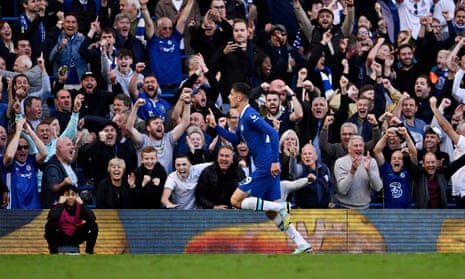 Chelsea's Kai Havertz celebrates scoring his first goal in front of the team's cheering Premier League fans against Wolverhampton.