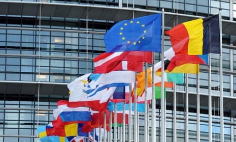 The flags of EU member countries fly in front of the European parliament building in Strasbourg