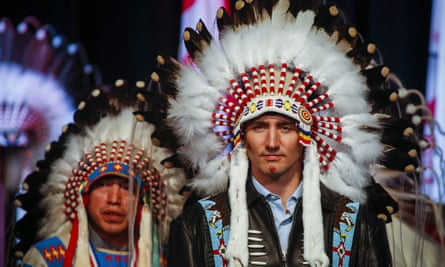 Justin Trudeau poses in a ceremonial headdress while visiting the Tsuut’ina First Nation near Calgary, Alberta.
