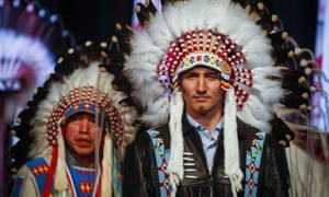 Justin Trudeau in a ceremonial headdress while visiting the Tsuut’ina First Nation near Calgary, Alberta.