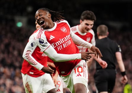 Arsenal’s Eberechi Eze celebrates scoring his side’s third goal against Tottenham