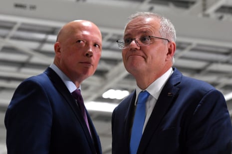 Defence minister Peter Dutton and prime minister Scott Morrison at a press conference after visiting TAE Aerospace near Ipswich, west of Brisbane, in the seat of Blair.