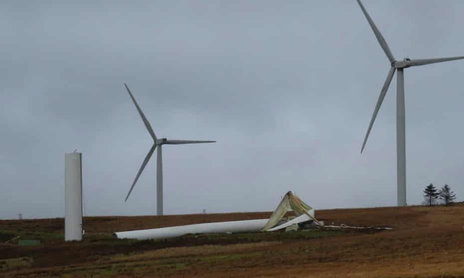 A collapsed wind turbine at Gilfach Goch, near Bridgend, south Wales