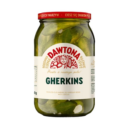 A jar of Dawtona Pickled Gherkins with a red lid