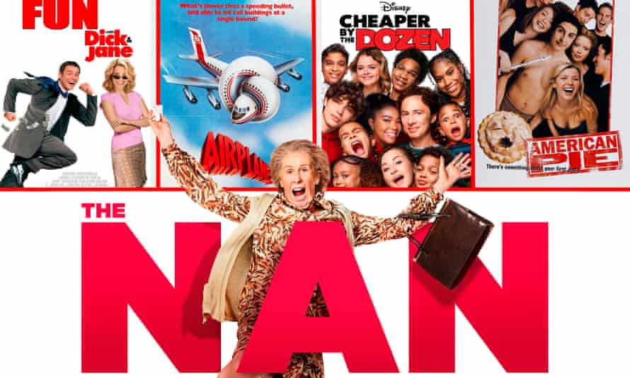 Film posters for comedies with huge red letters.