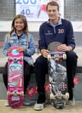 Skateboarder Sky Brown (L) and Laureus Academy Member Tony Hawk pose during the Laureus Sport for Good Skateboard Visit prior to the 2020 Laureus World Sports Awards at the Nike SB Shelter on February 16, 2020 in Berlin, Germany
