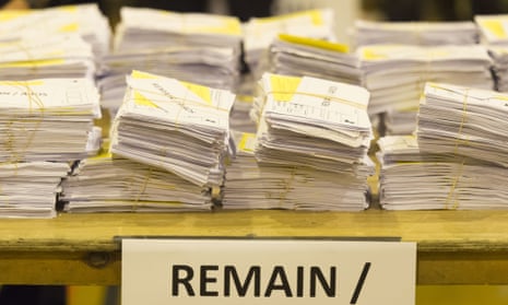 Ballot papers marked remain at Llanishen leisure centre in Cardiff, Wales.