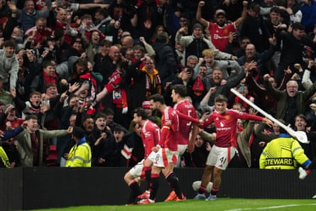 Harry Maguire celebrates scoring United’s fifth against Lyon in April 2025.