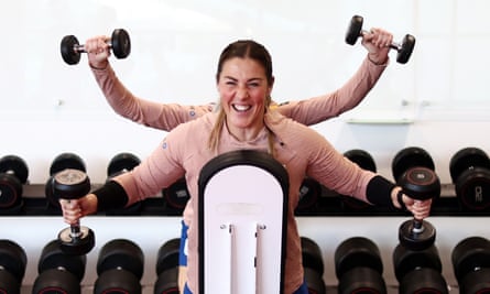 Mary Earps and Leah Williamson (behind) enjoy a training session in the gym at St George’s Park.