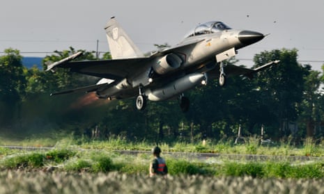 An Indigenous Defence Fighter takes off from a motorway in Pingtung, southern Taiwan, on Wednesday.