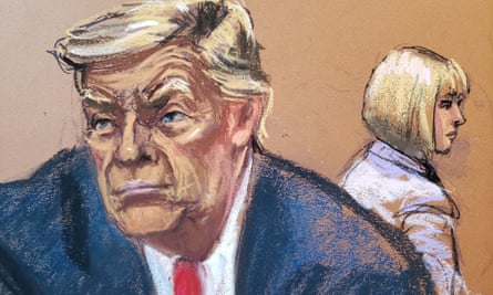 Donald Trump and E Jean Carroll rendered in a courtroom sketch.