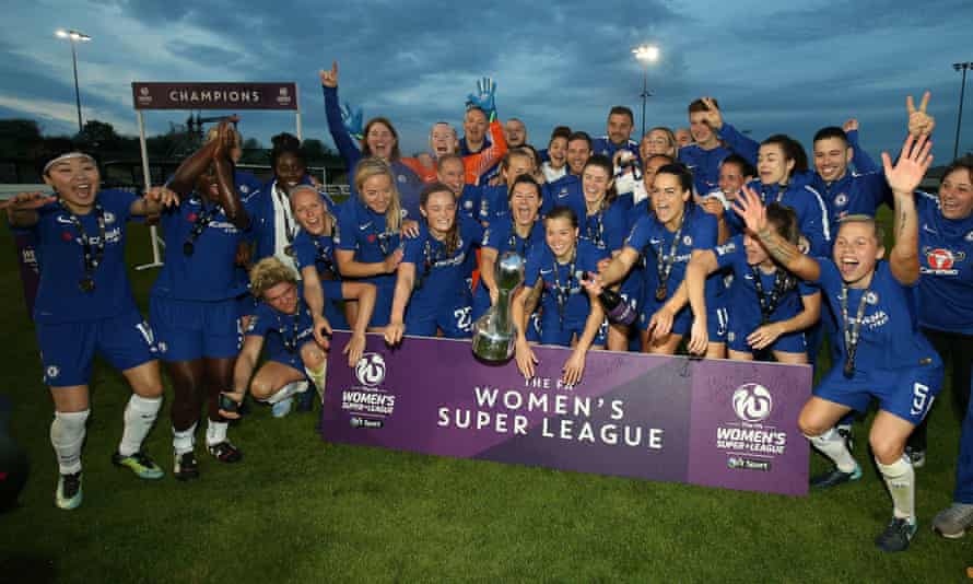 Chelsea celebrate their WSL title win at Bristol City in 2018 without Emma Hayes absent.