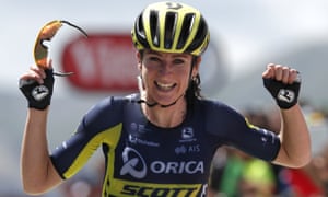 Annemiek van Vleuten celebrates as she wins the first stage of La Course. 