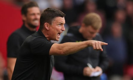 Sheffield United manager Paul Heckingbottom shouts instructions to his team.