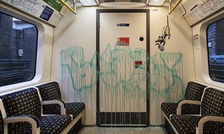 Some of Banksy’s work inside a London Underground tube carriage.