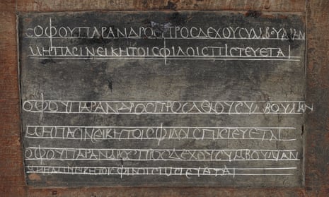A schoolchild’s Greek homework on a wax tablet from the 2nd century AD.