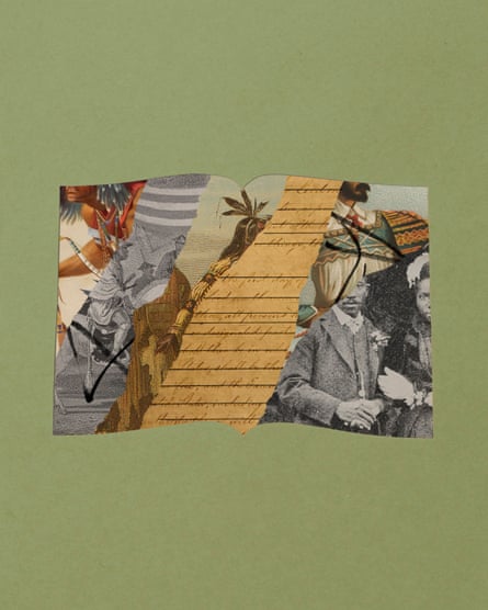 Collage of an open book made from torn paper fragments with some scribbled over, including images of an Indigenous man with a headdress, a handwritten historical document, a Black couple in vintage clothing, a man in a patterned garment, and a grayscale battle scene.