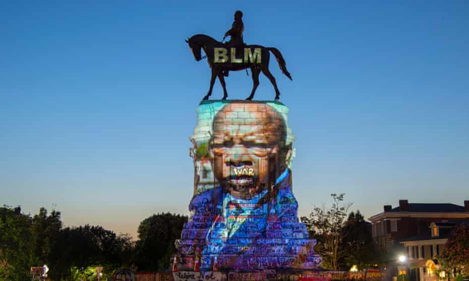 Richmond’s Confederate statues are gone. What should replace them? | Virginia 3 The image of the late congressman John Lewis is projected on the statue of the Confederate general Robert E Lee in Richmond, Virginia, in July 2020.