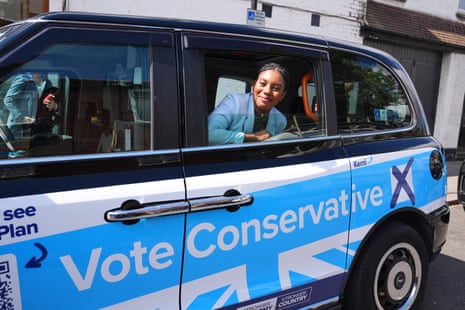 Kemi Badenoch in Croydon, starting a tour of London in a branded taxi.