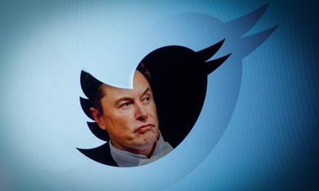 Elon Musk pictured within a Twitter logo