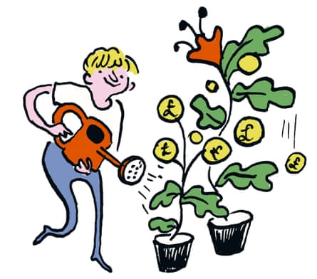 Illustration of someone using a watering can to water plants that have yellow flowers with pound signs on them