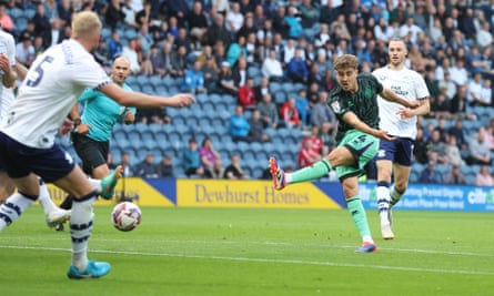 Oliver Arblaster opens the scoring for Sheffield United, although his shot took a big deflection to beat Preston’s goalkeeper Freddie Woodman.