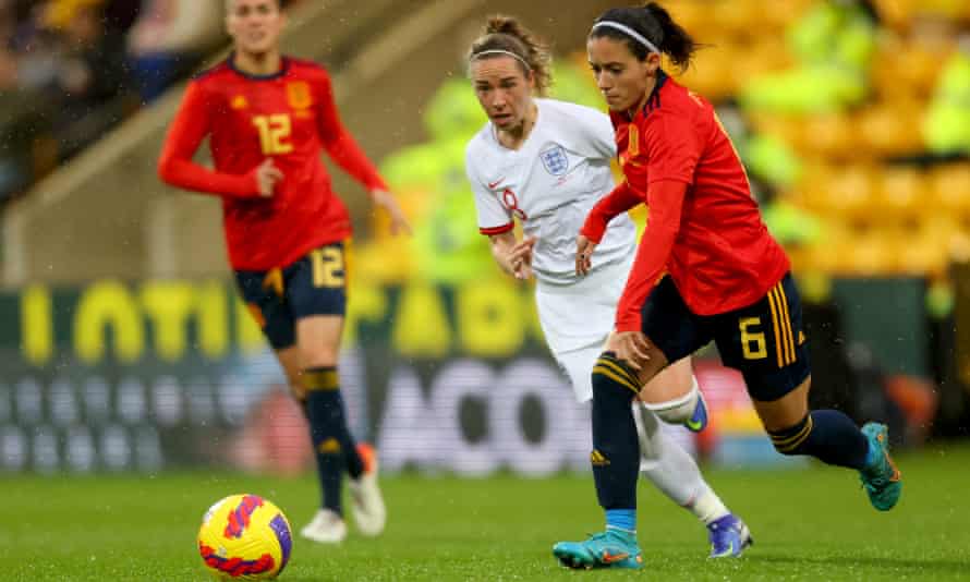 Spain's Aitana Bonmati pulls away from England's Leah Williamson in the goalless draw at Carrow Road in February.
