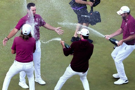 Lucas Herbert celebrates with Ripper GC teammates Marc Leishman and Cameron Smith.