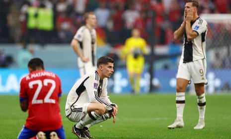 Germany goalscorers Kai Havertz and Niclas Füllkrug (right) look stunned at the final whistle.