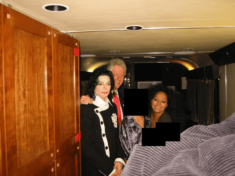 Michael Jackson, Bill Clinton and Diana Ross, along with a fourth person whose face is redacted.