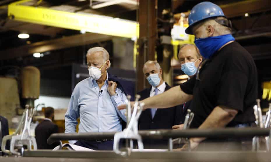 Joe Biden visits a metal fabricating facility in Dunmore, Pennsylvania. The presumptive Democratic nominee believes that building the infrastructure for renewable energy will bring jobs.